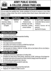 Army Public School & College Jinnah Pano Aqil Jobs 2023
