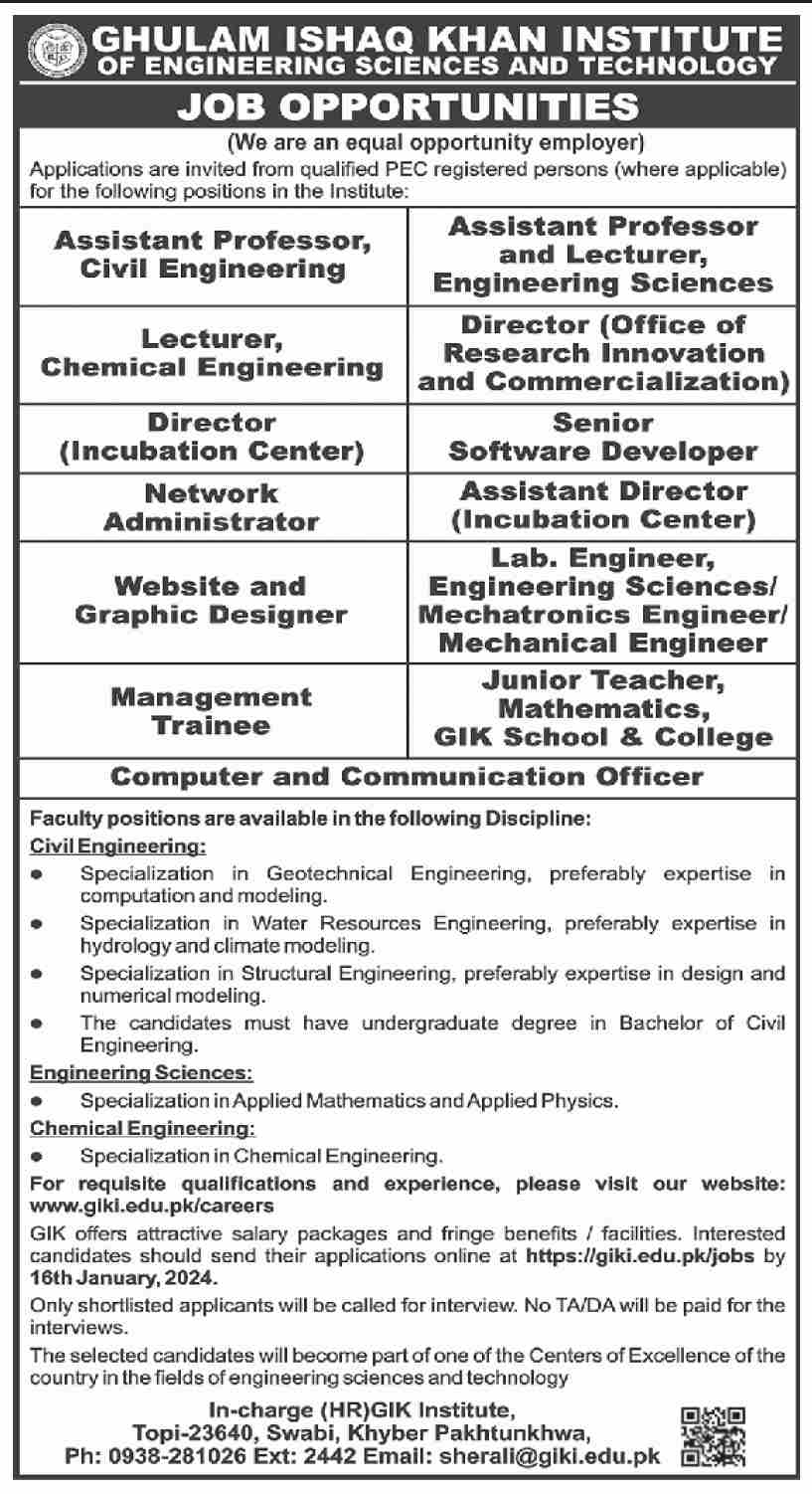GIK Engineering Science and Technology Jobs 2024