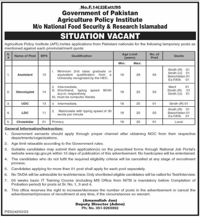 Ministry of National Food Security & Research Jobs Jan 2024