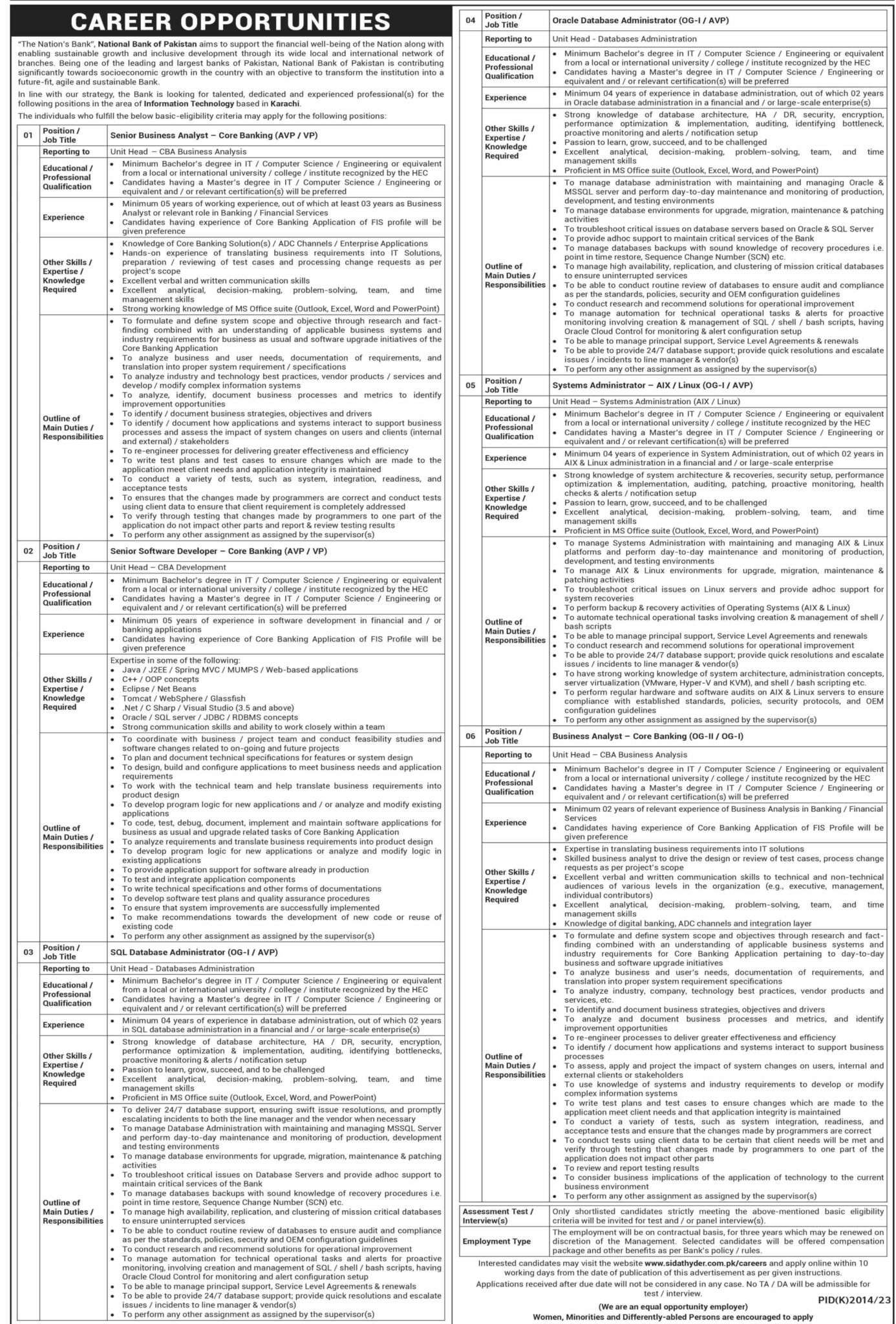 National Bank of Pakistan Jobs 2024 For Business Analyst And Other Staff
