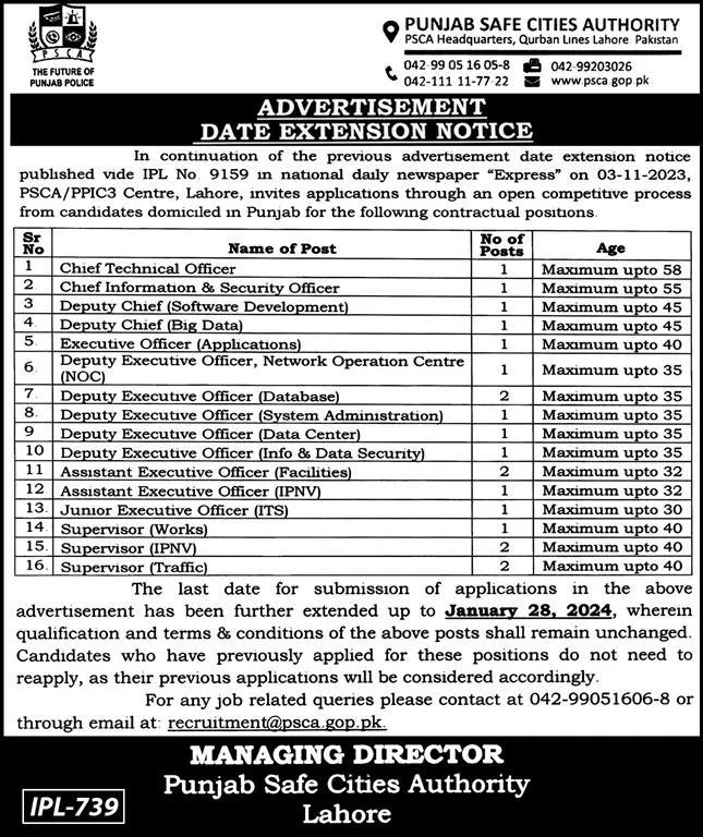 Punjab Safe Cities Authority PSCA Lahore Jobs Jan 2024