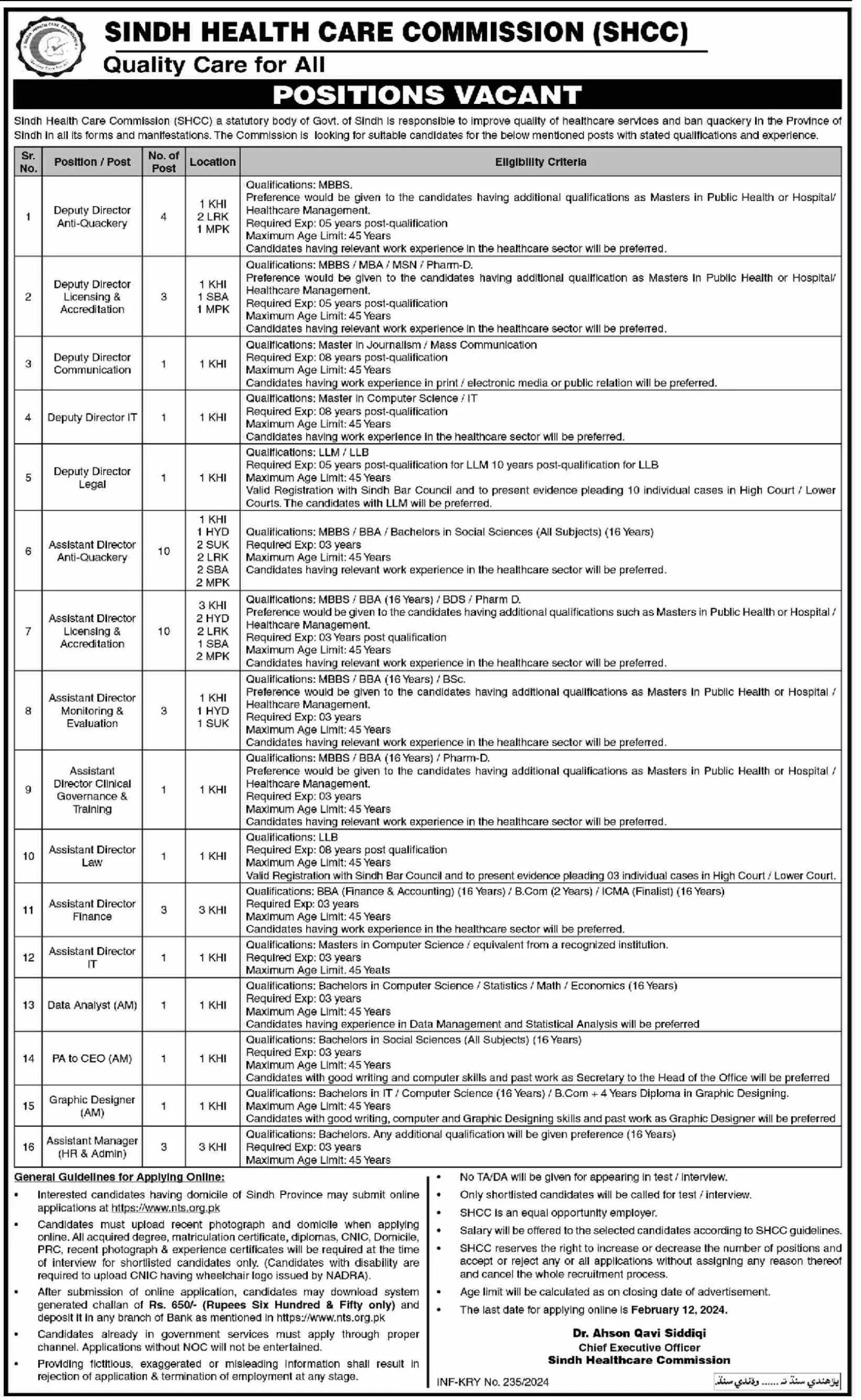 Sindh Health Care Commission SHCC Jobs 2024