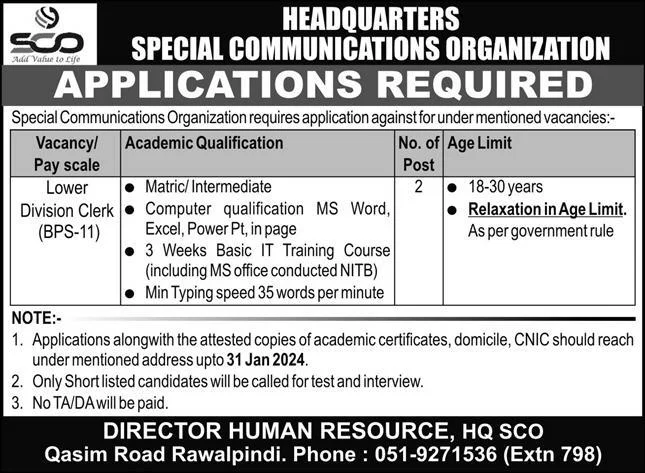 Special Communications Organization SCO Rawalpindi Jobs Jan 2024